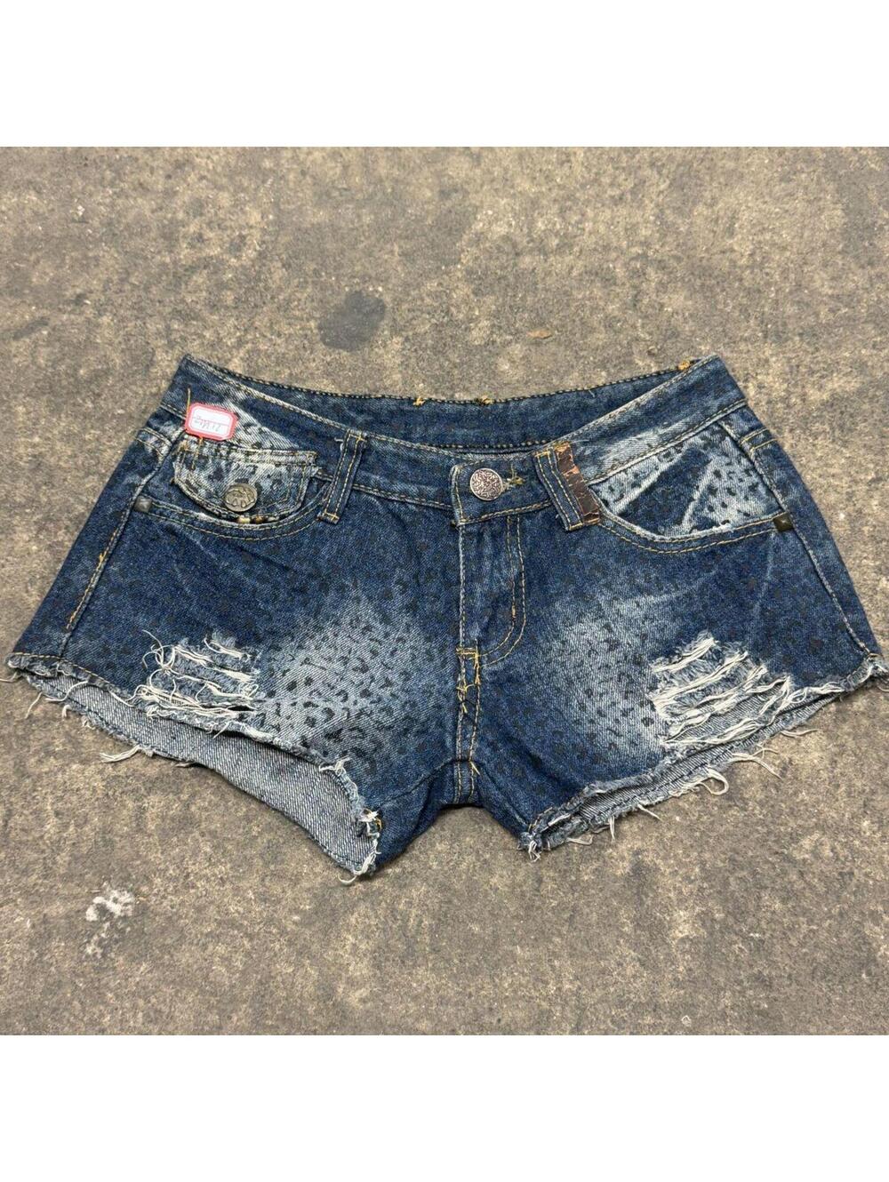 Vintage Y2K Low Rise Denim Micro Shorts Dark Wash Leopard Print
